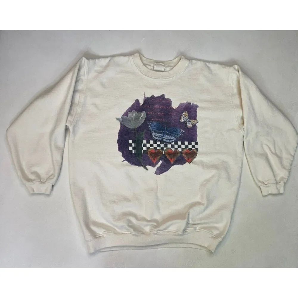 VINTAGE Nature Threads Butterfly Flower Heart Art Sweatshirt Women XL 90s